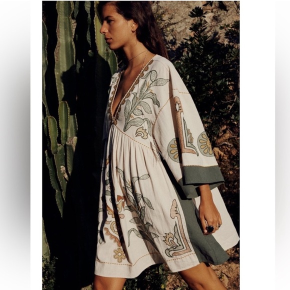 Zara Linen Blend Embroidered Dress Rare - Picture 9 of 13